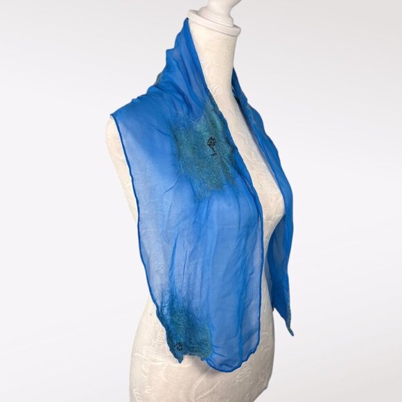 Blue Sheer Silky Scarf Beaded Felted Accents Artistic Lightweight Shawl - Picture 1 of 8